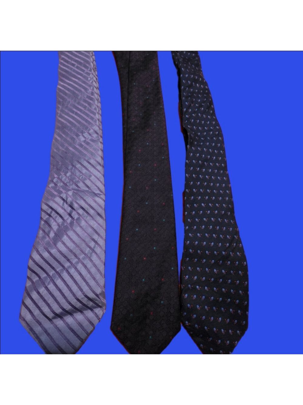 4/$67 Deal! Vintage Designer Men's Tie Trio - Purple, Black, and Blue